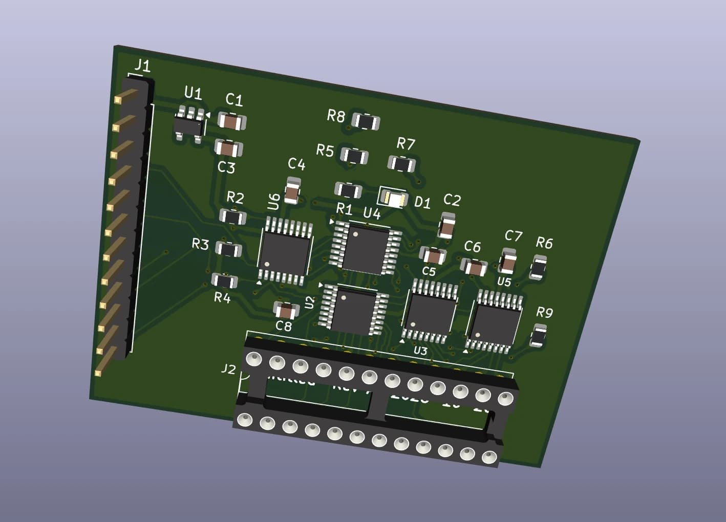 3D view of the finished capacitance test fixture with its header, regulator, multiplexers, converter and DIP-24 socket placed